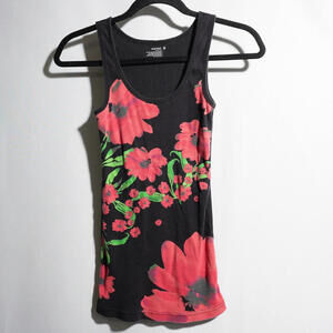 Y2K AOP Black Ribbed Tank Red Flowers Poppies Womens M Art to Wear Fairy‎ Grunge